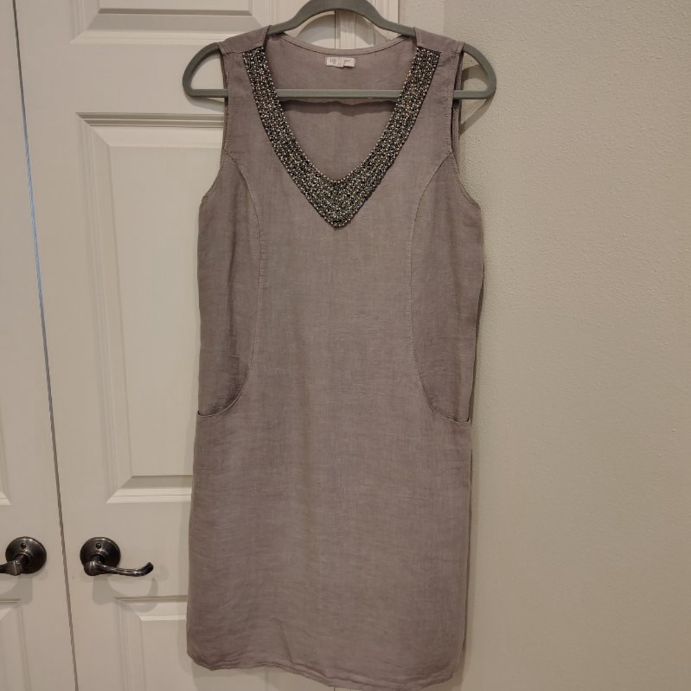 Lina Tomei 💯 Linen Embellish Luxury Dress Career Classic Women Lg Made In Italy
